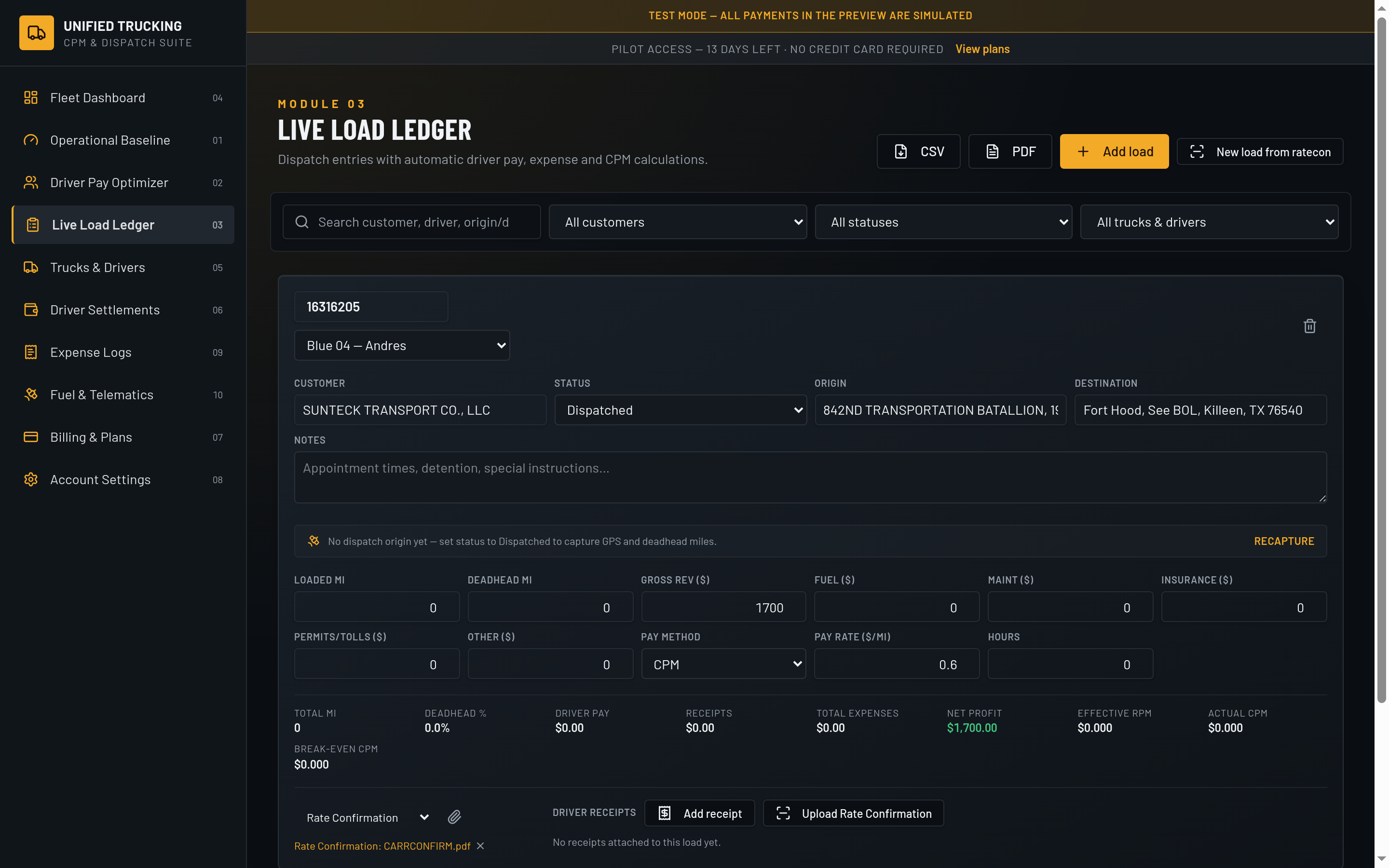 Live Load Ledger listing dispatched loads with deadhead miles, revenue, expenses, net profit and actual cost per mile